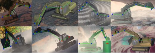 Representative examples from synthetically generated datasets, showing various lighting conditions, texture patterns, simulated dust, occluding objects, and self-occluded keypoints.
